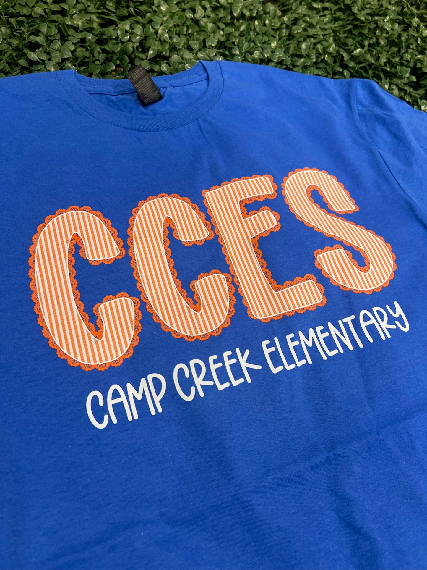 Camp Creek Seersucker Spirit Tee - Orange Seerksucker on Gildan Softstyle Royal