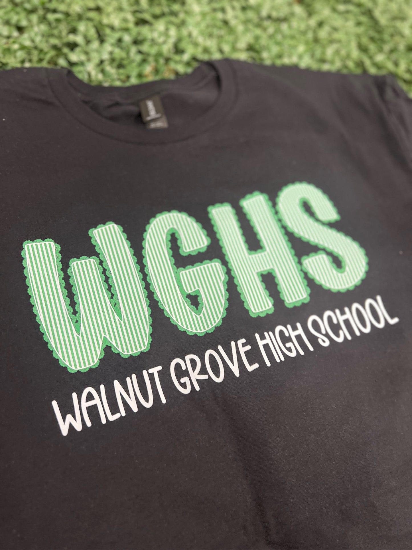 Walnut Grove High Seersucker Spirit Tee - Green Seerksucker on Gildan Softstyle Black