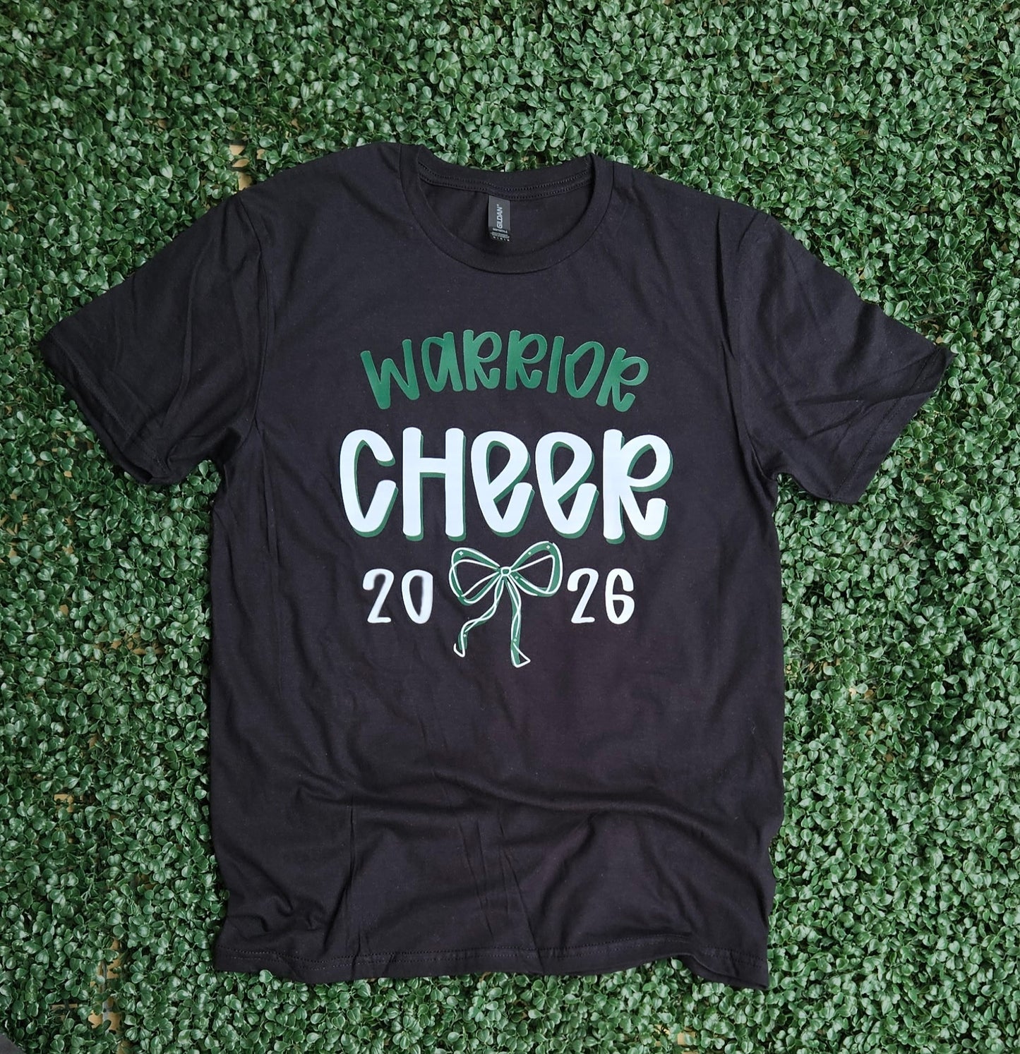 Warrior Cheer 2026 Bow on Gildan Softstyle Black