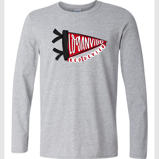 LONG SLEEVE: Loganville Red Devils Pennant Flag on Gildan Softstyle Sport Gray