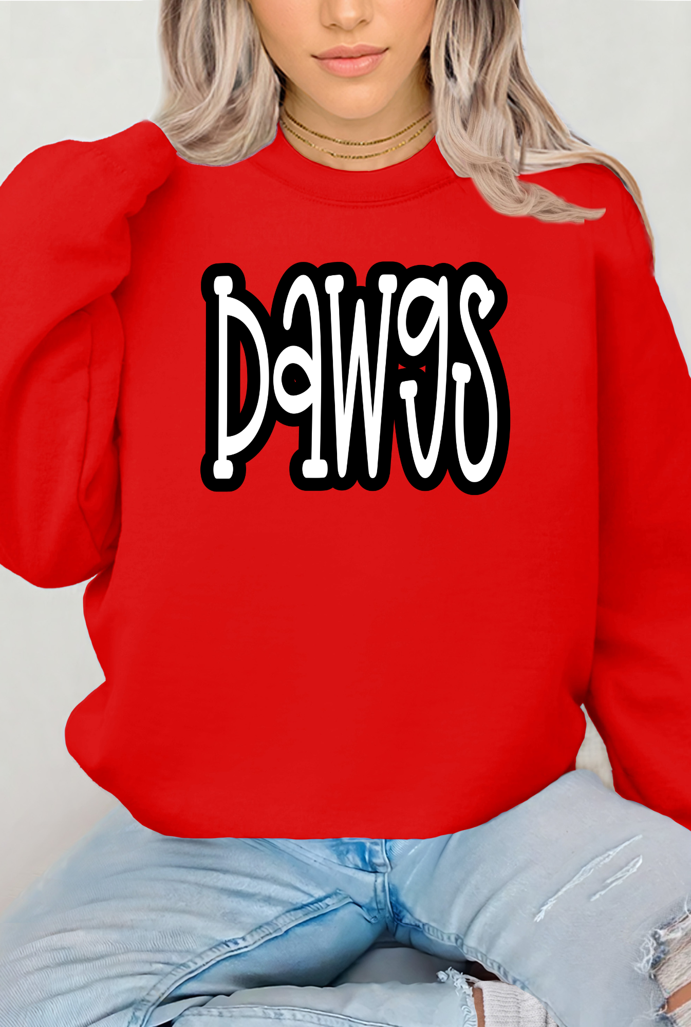 Oversized Mascot : DAWGS (White with Black Outline) on Gildan Red