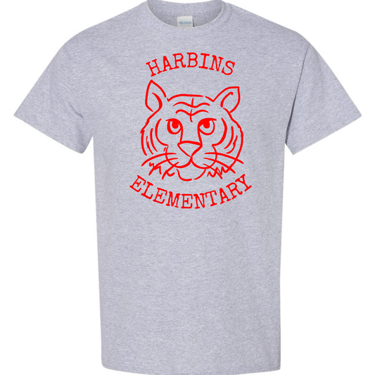 Harbins Elementary Doodle Mascot Tee on Gray Gildan Tee