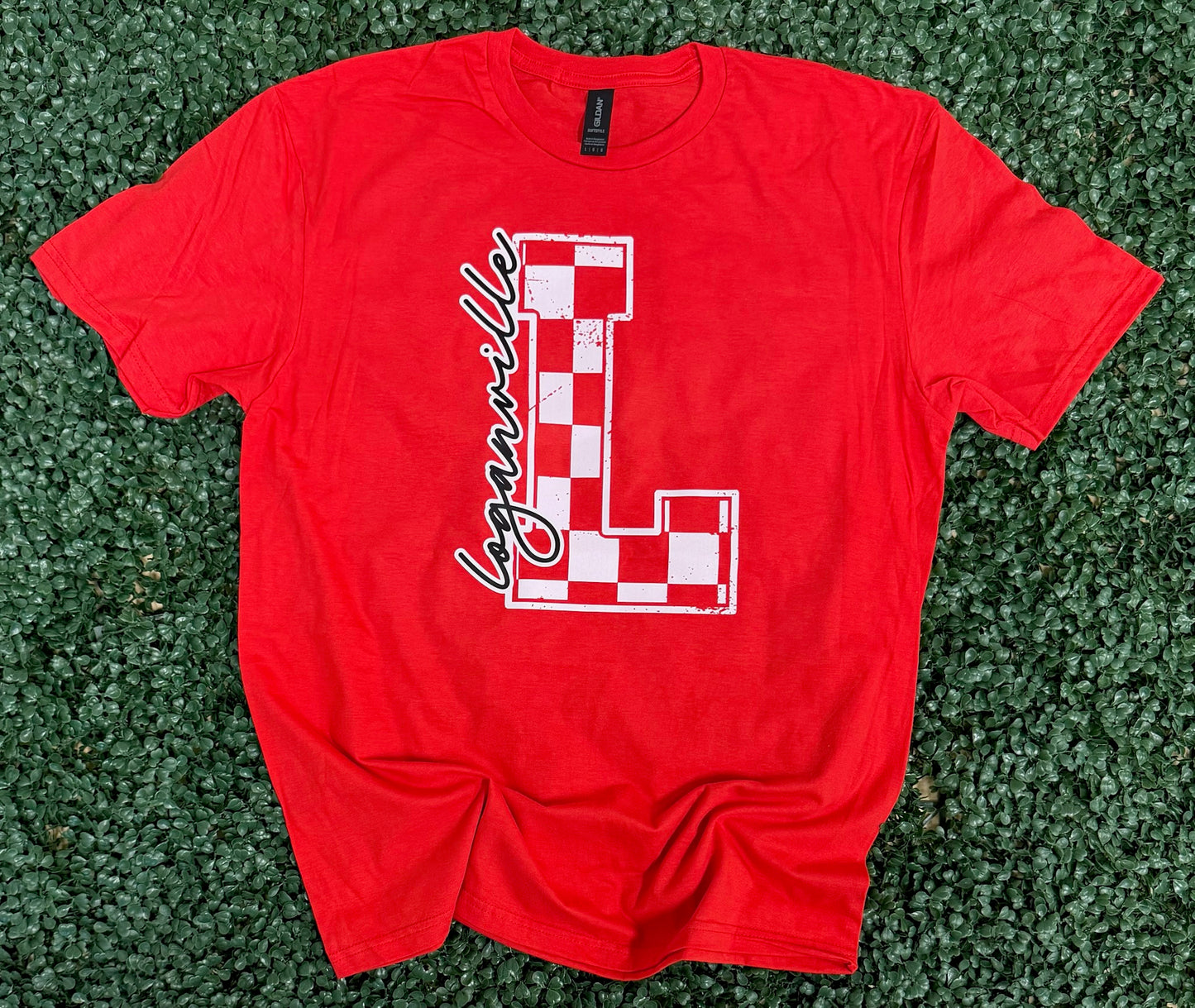 Loganville Checkered L on Gildan Softstyle Red