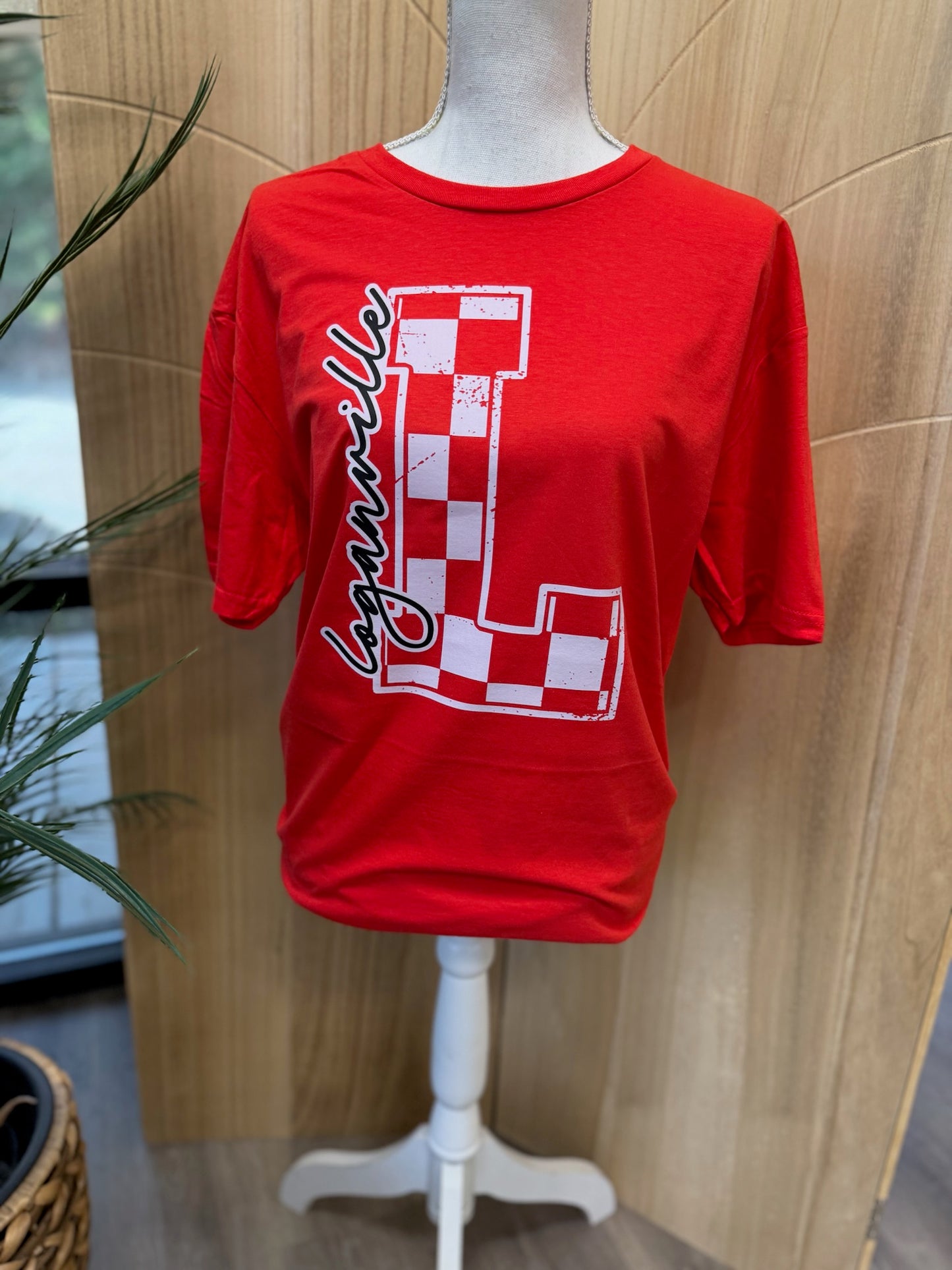 Loganville Checkered L on Gildan Softstyle Red