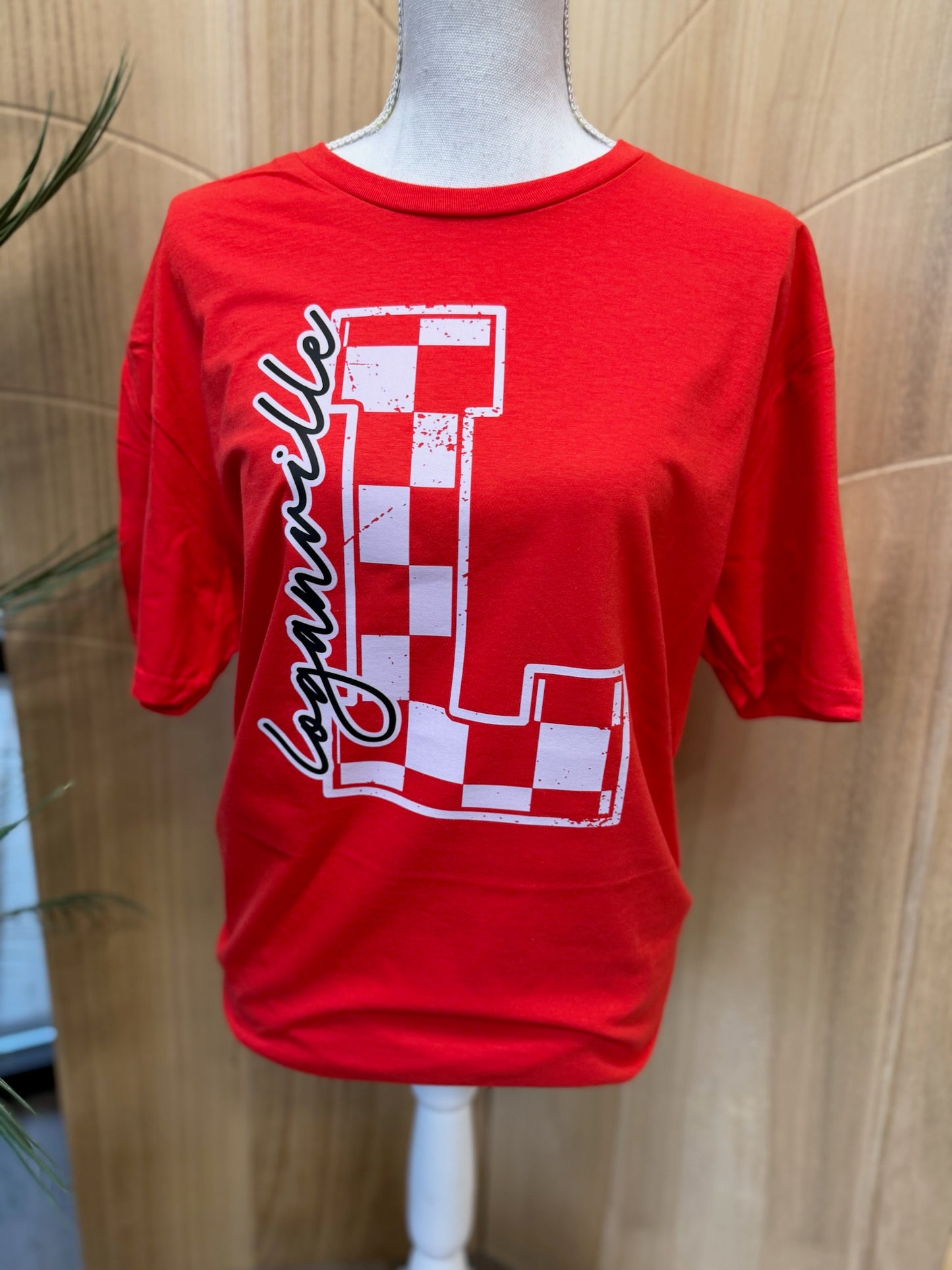 Loganville Checkered L on Gildan Softstyle Red