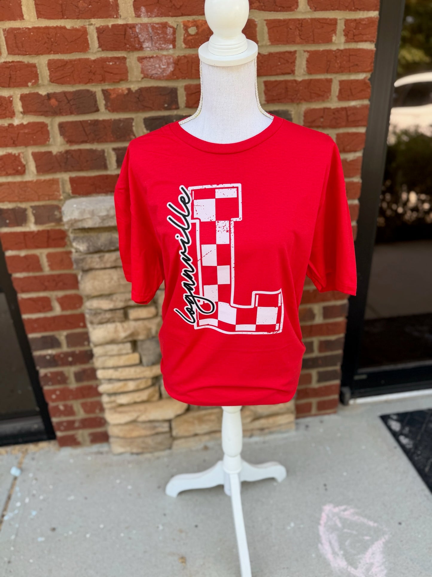 Loganville Checkered L on Gildan Softstyle Red