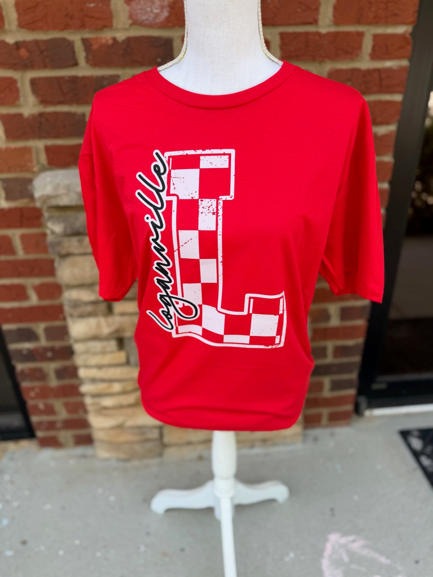 Loganville Checkered L on Gildan Softstyle Red