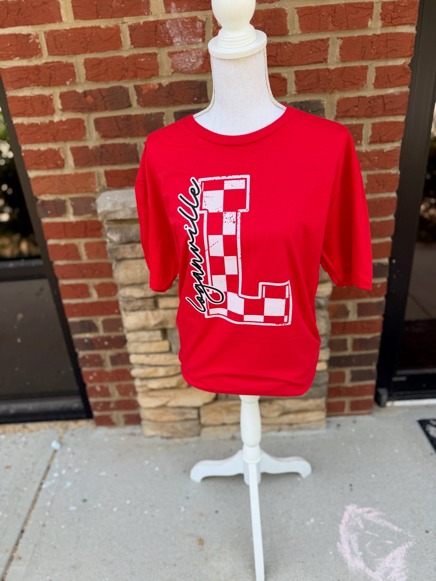 Loganville Checkered L on Gildan Softstyle Red