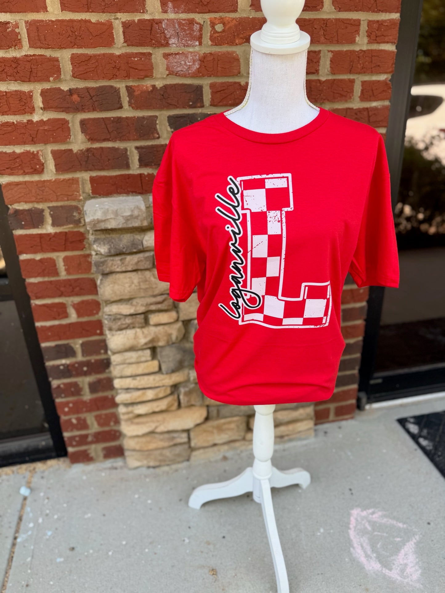 Loganville Checkered L on Gildan Softstyle Red