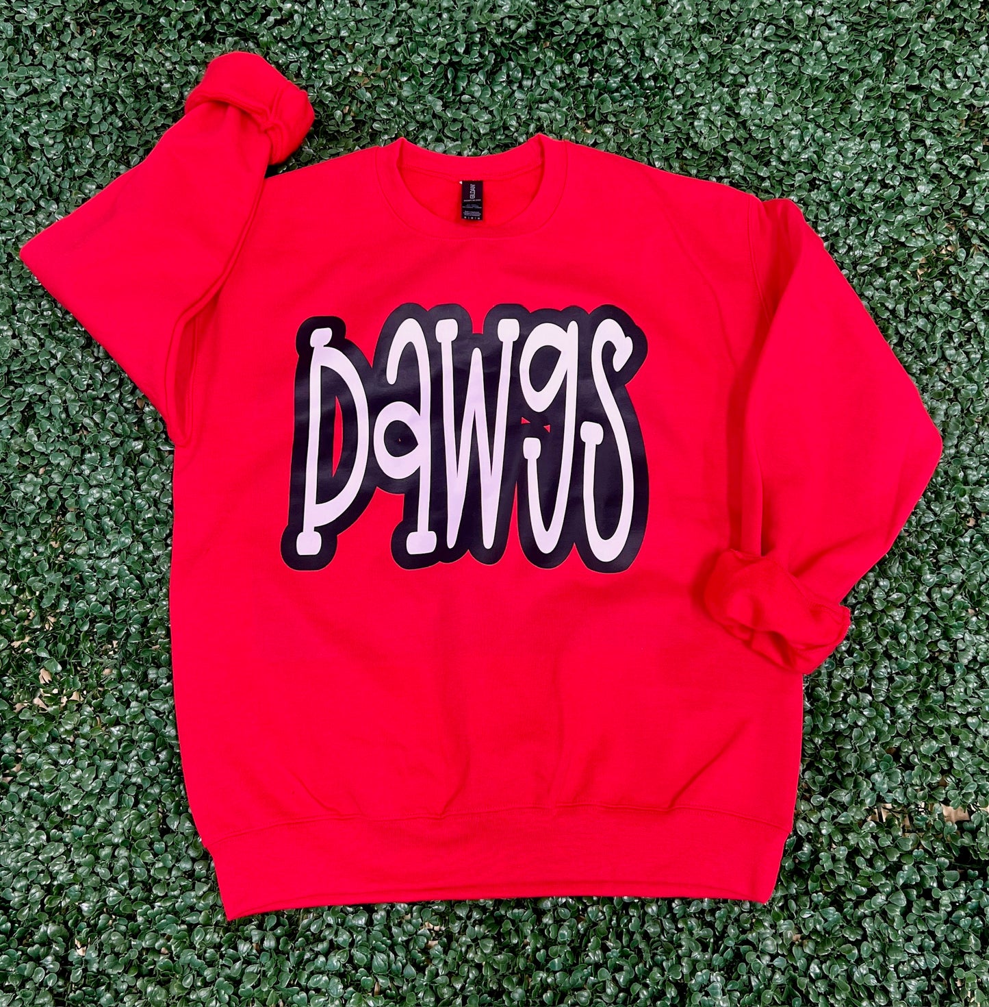 Oversized Mascot : DAWGS (White with Black Outline) on Gildan Red
