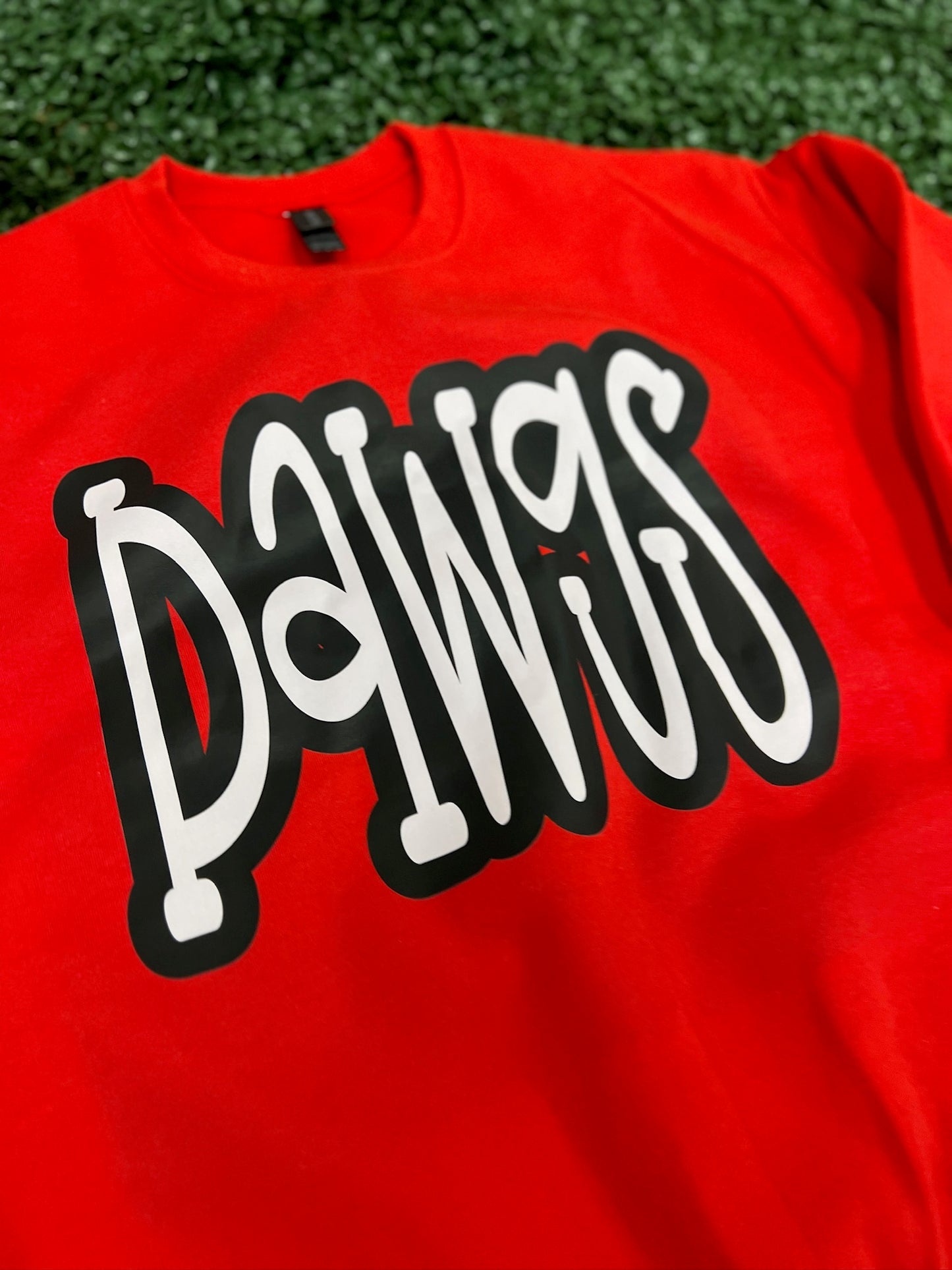 Oversized Mascot : DAWGS (White with Black Outline) on Gildan Red
