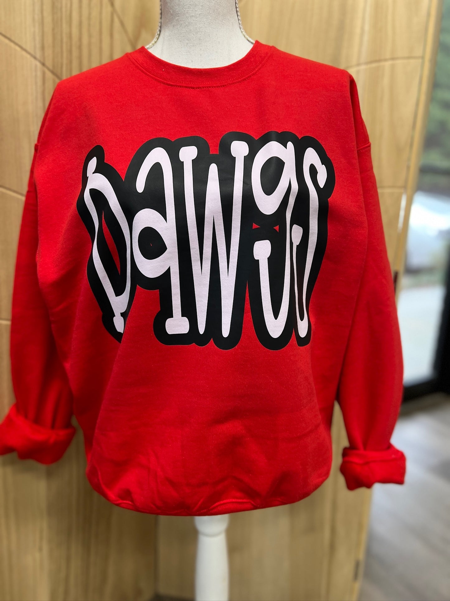 Oversized Mascot : DAWGS (White with Black Outline) on Gildan Red