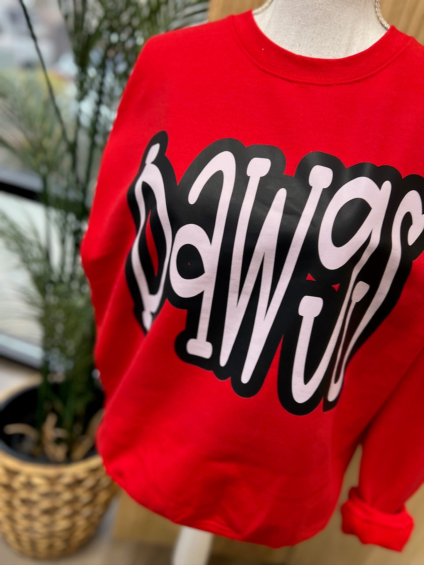 Oversized Mascot : DAWGS (White with Black Outline) on Gildan Red