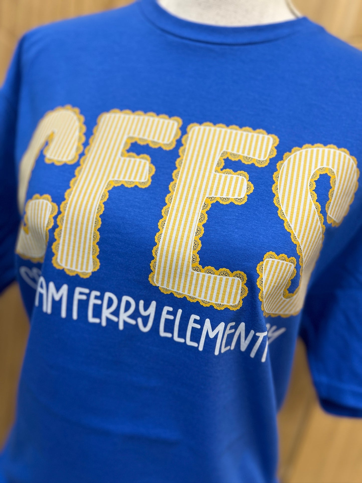 Colham Ferry Seersucker Spirit Tee - Yellow Seerksucker on Gildan Softstyle Royal