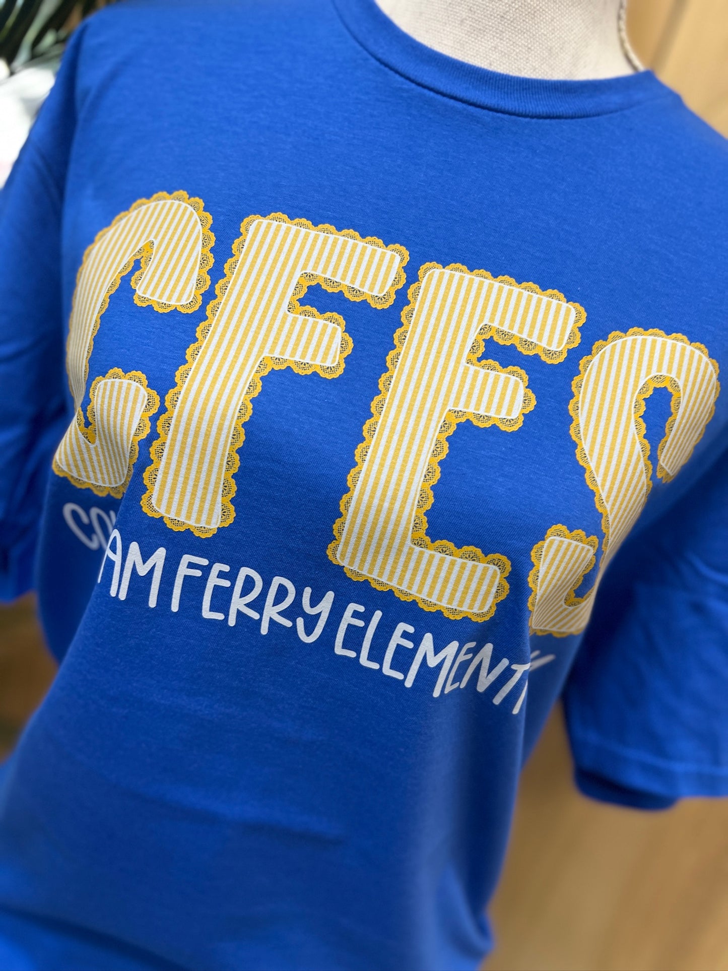 Colham Ferry Seersucker Spirit Tee - Yellow Seerksucker on Gildan Softstyle Royal