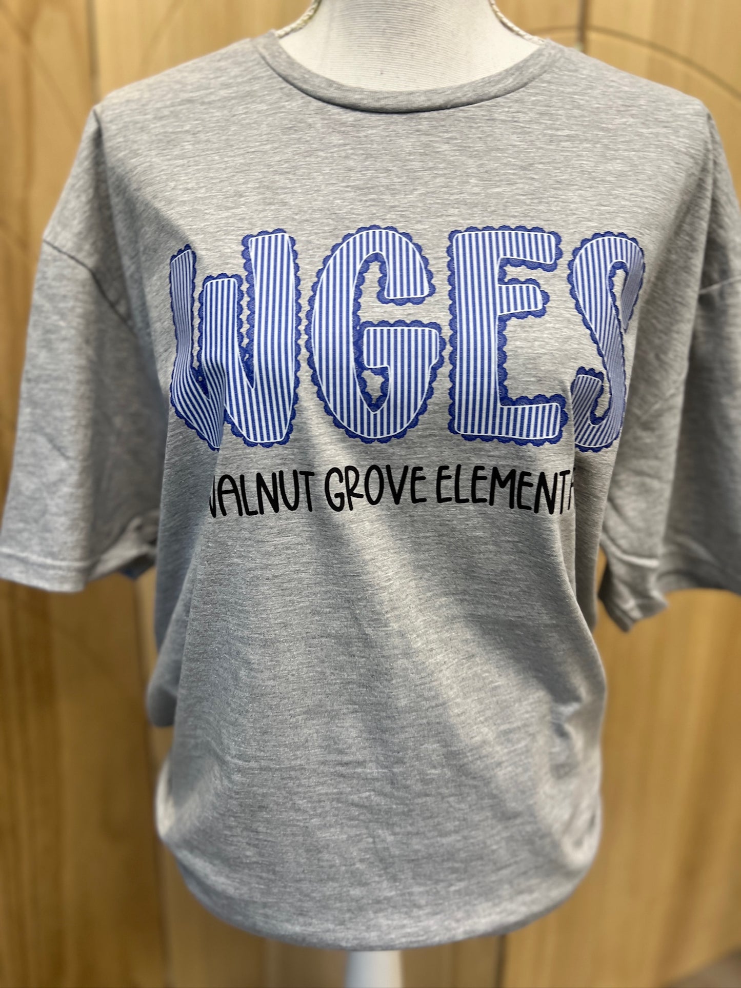 Walnut Grove Elementary Seersucker Spirit Tee - Royal Seerksucker on Gildan Softstyle Sport Gray