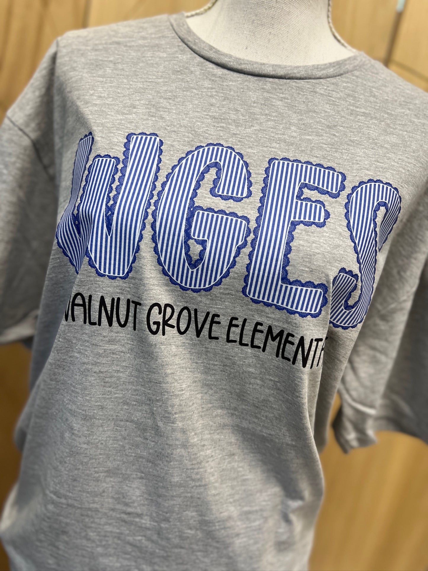 Walnut Grove Elementary Seersucker Spirit Tee - Royal Seerksucker on Gildan Softstyle Sport Gray