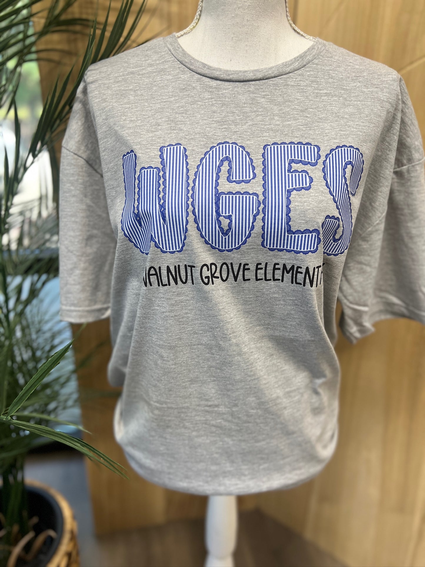 Walnut Grove Elementary Seersucker Spirit Tee - Royal Seerksucker on Gildan Softstyle Sport Gray