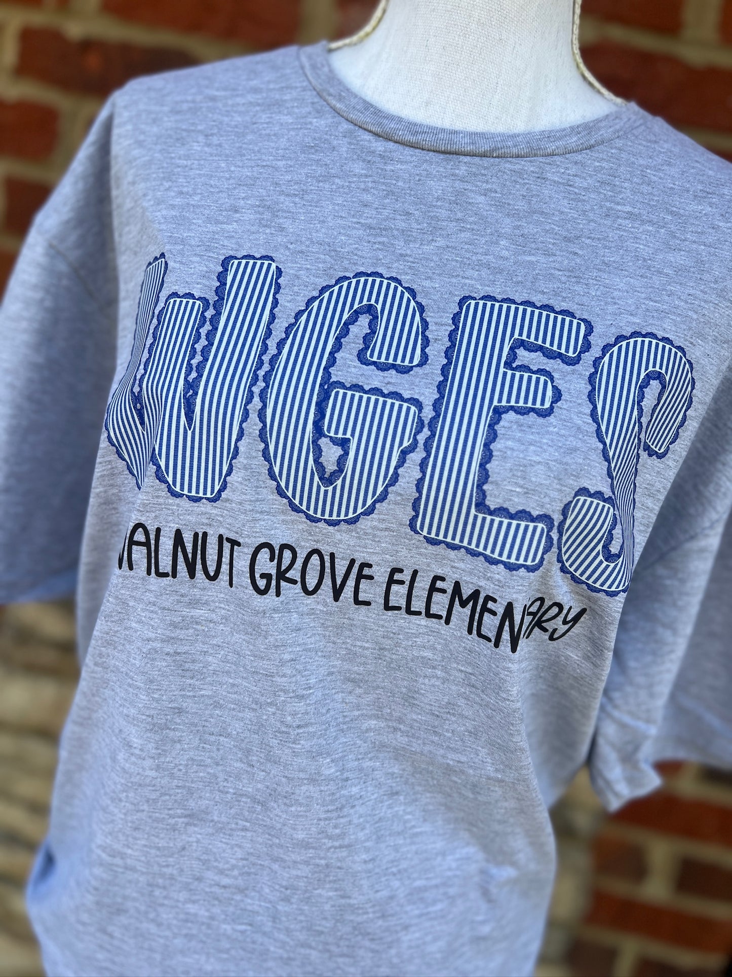 Walnut Grove Elementary Seersucker Spirit Tee - Royal Seerksucker on Gildan Softstyle Sport Gray