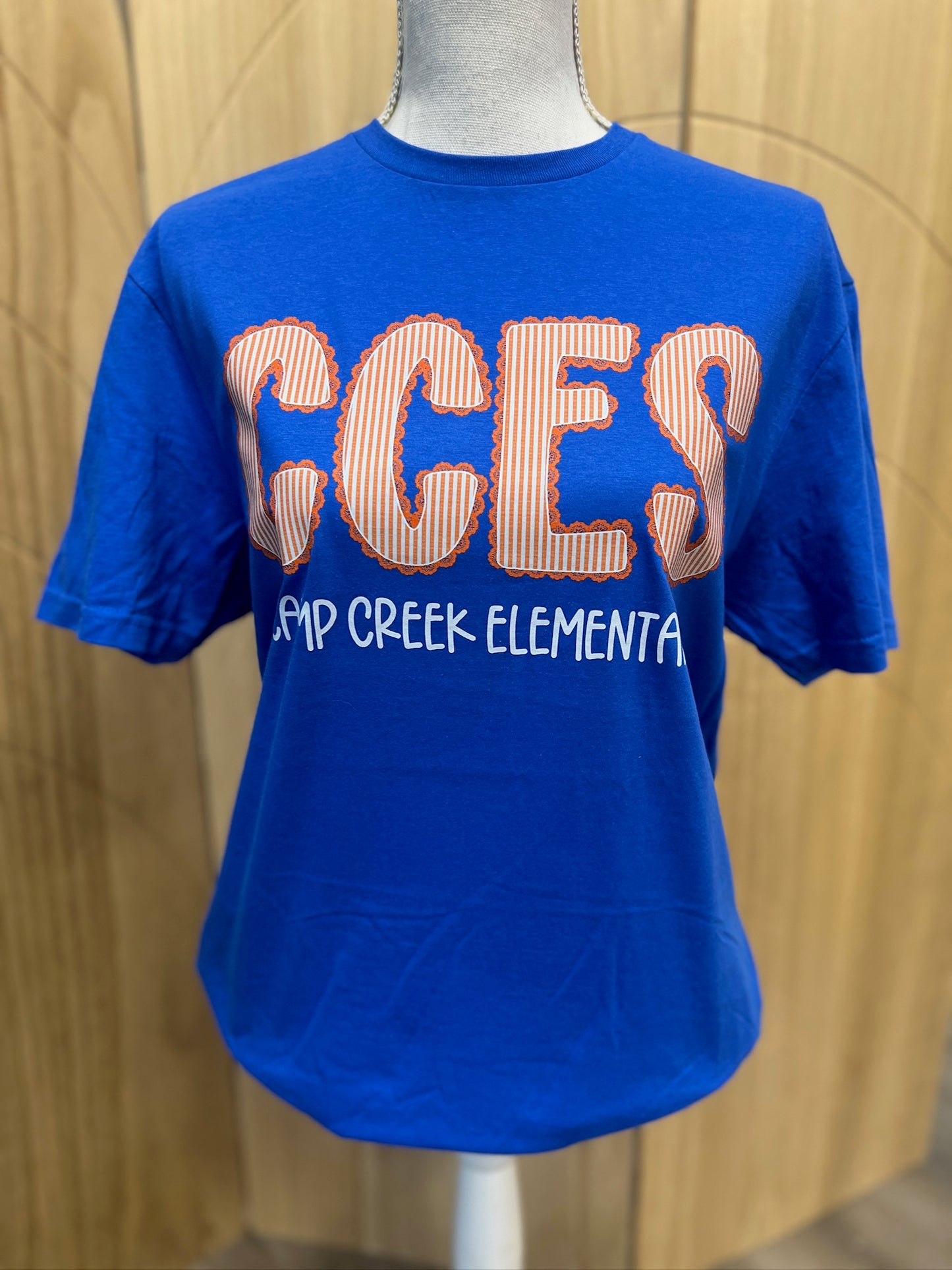 Camp Creek Seersucker Spirit Tee - Orange Seerksucker on Gildan Softstyle Royal