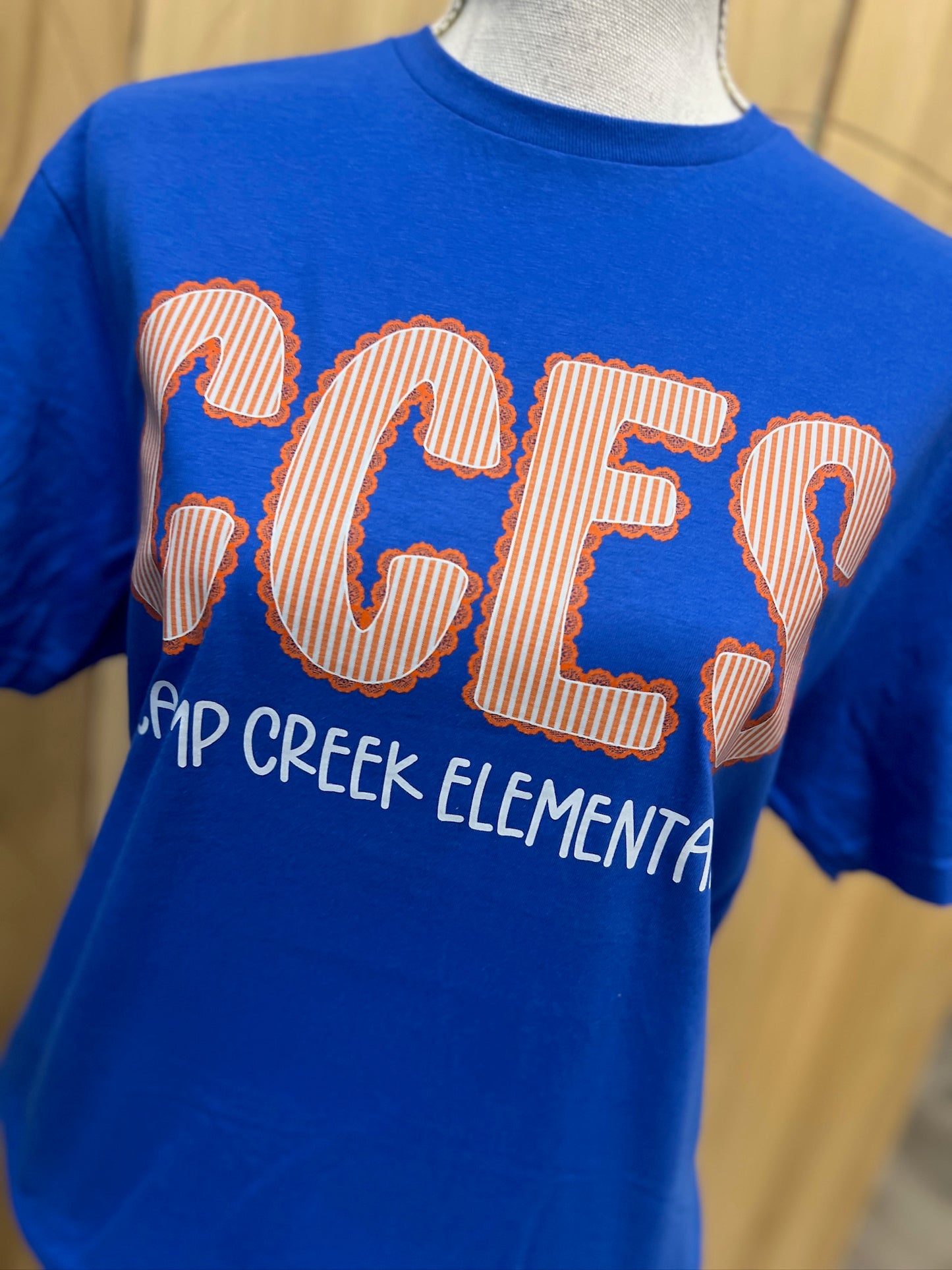 Camp Creek Seersucker Spirit Tee - Orange Seerksucker on Gildan Softstyle Royal