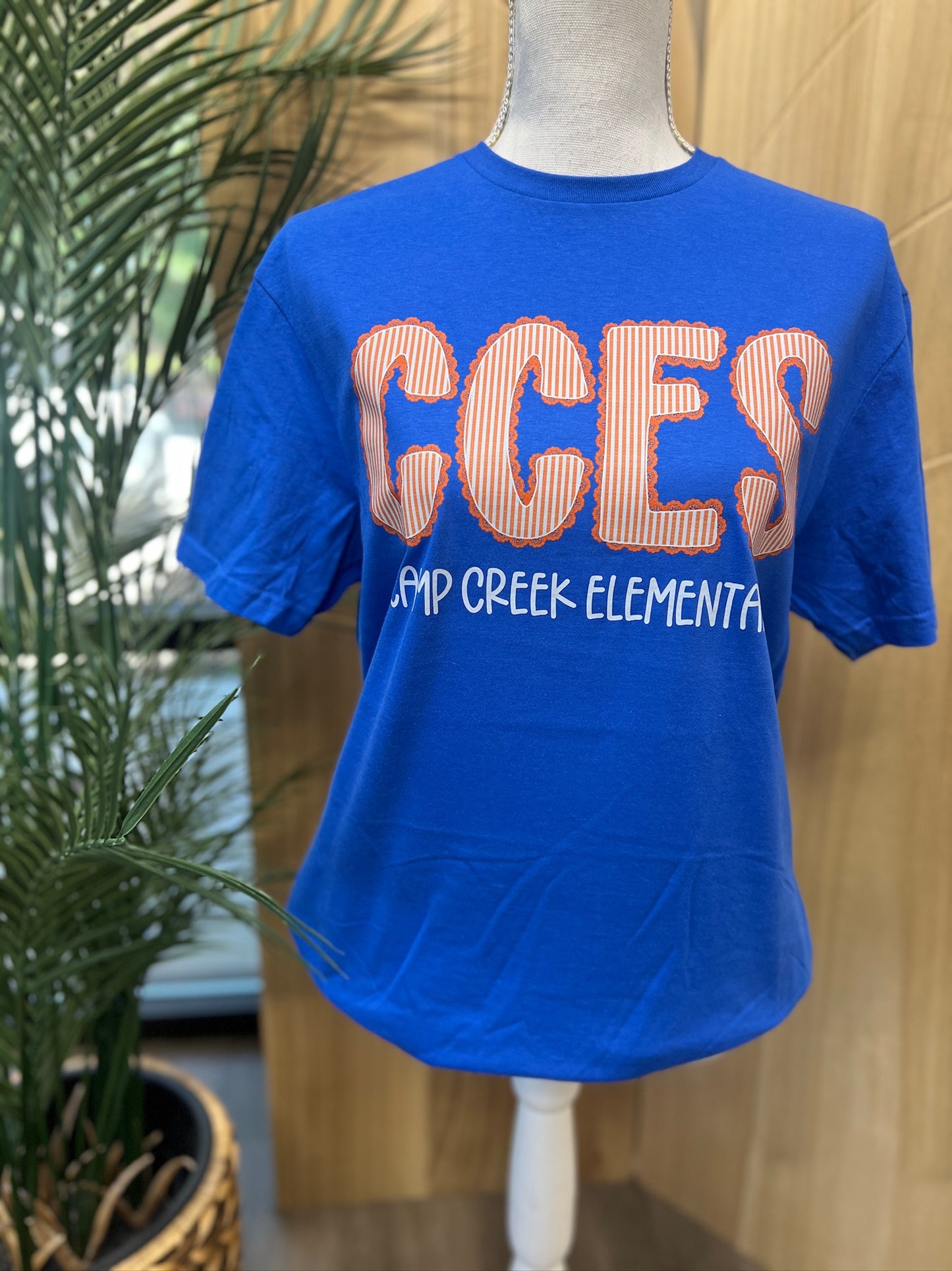 Camp Creek Seersucker Spirit Tee - Orange Seerksucker on Gildan Softstyle Royal
