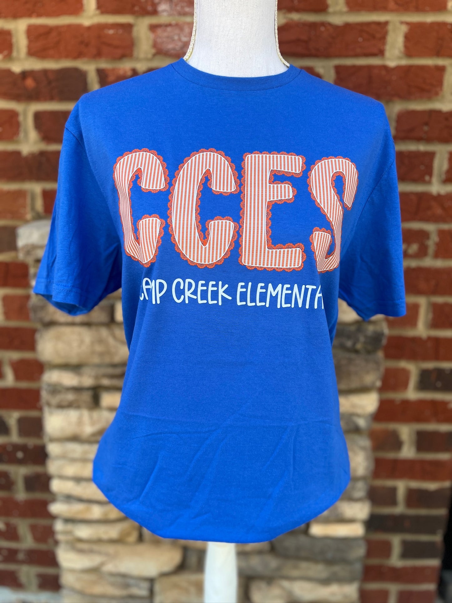 Camp Creek Seersucker Spirit Tee - Orange Seerksucker on Gildan Softstyle Royal