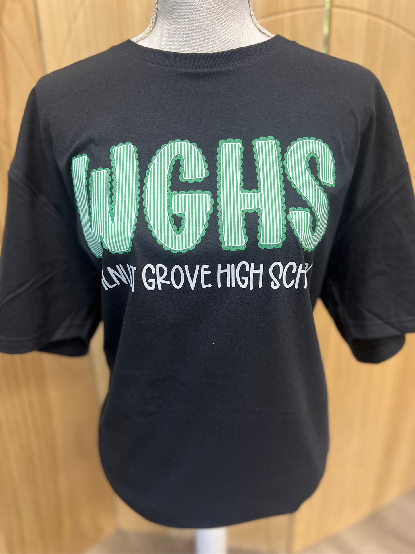 Walnut Grove High Seersucker Spirit Tee - Green Seerksucker on Gildan Softstyle Black