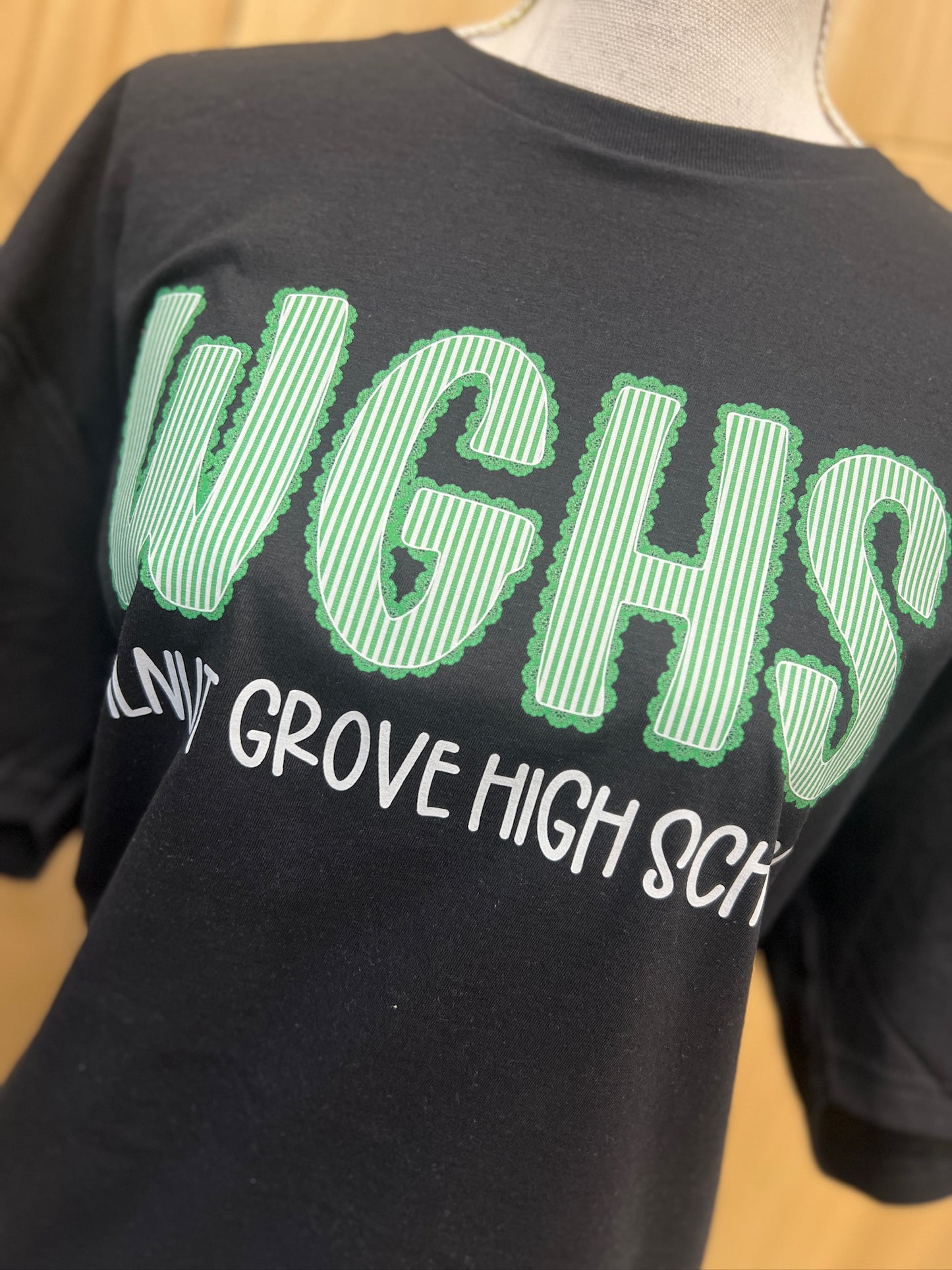 Walnut Grove High Seersucker Spirit Tee - Green Seerksucker on Gildan Softstyle Black