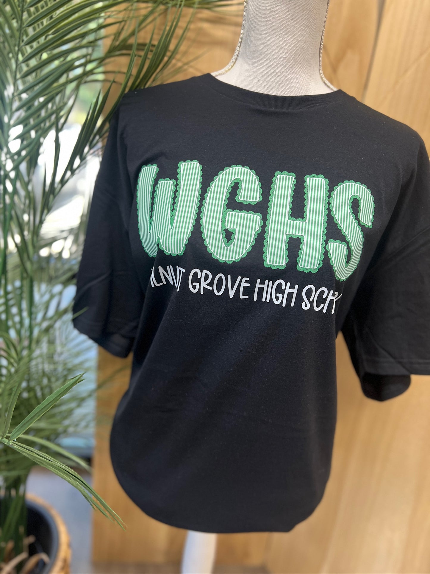 Walnut Grove High Seersucker Spirit Tee - Green Seerksucker on Gildan Softstyle Black