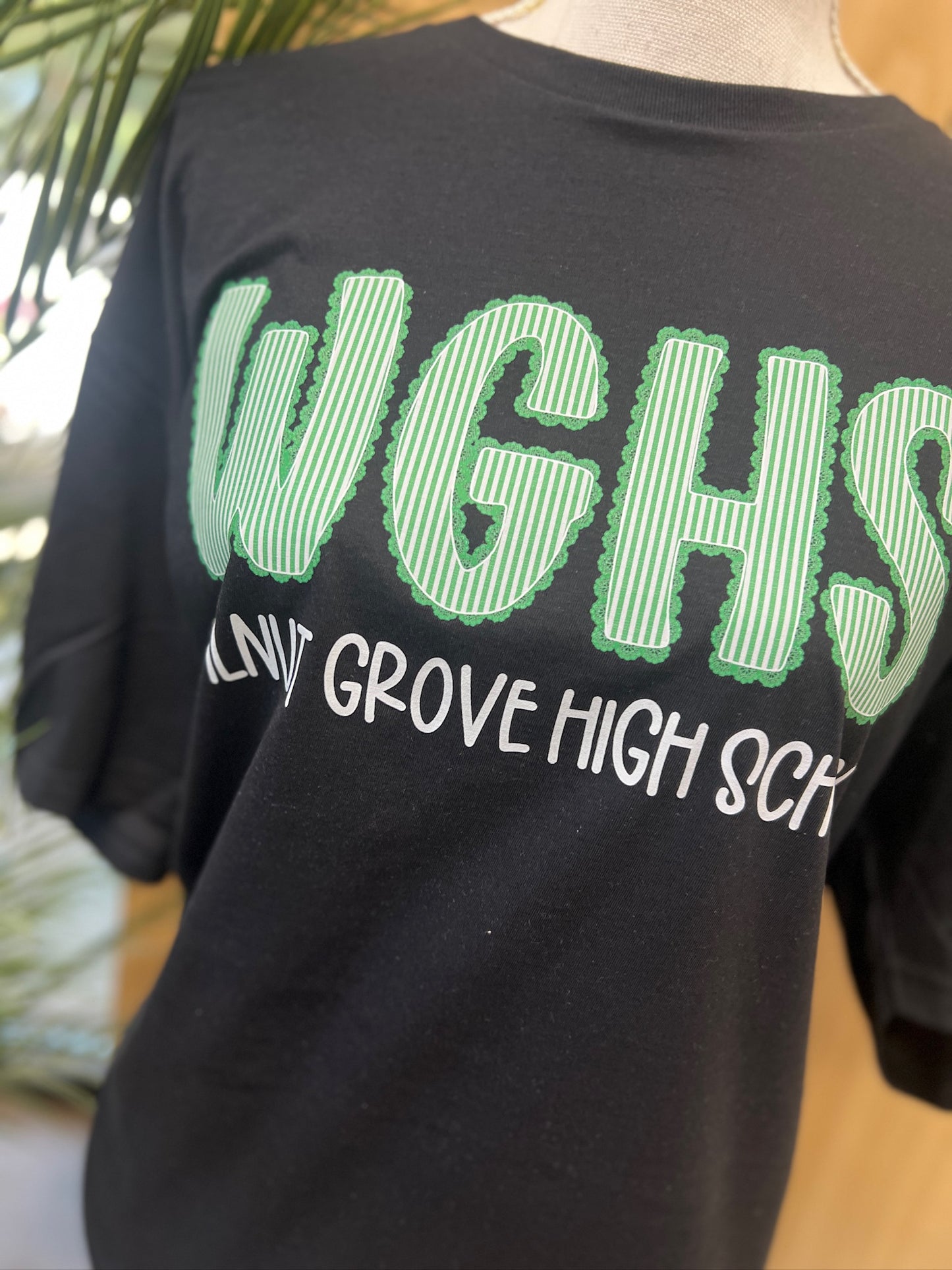 Walnut Grove High Seersucker Spirit Tee - Green Seerksucker on Gildan Softstyle Black