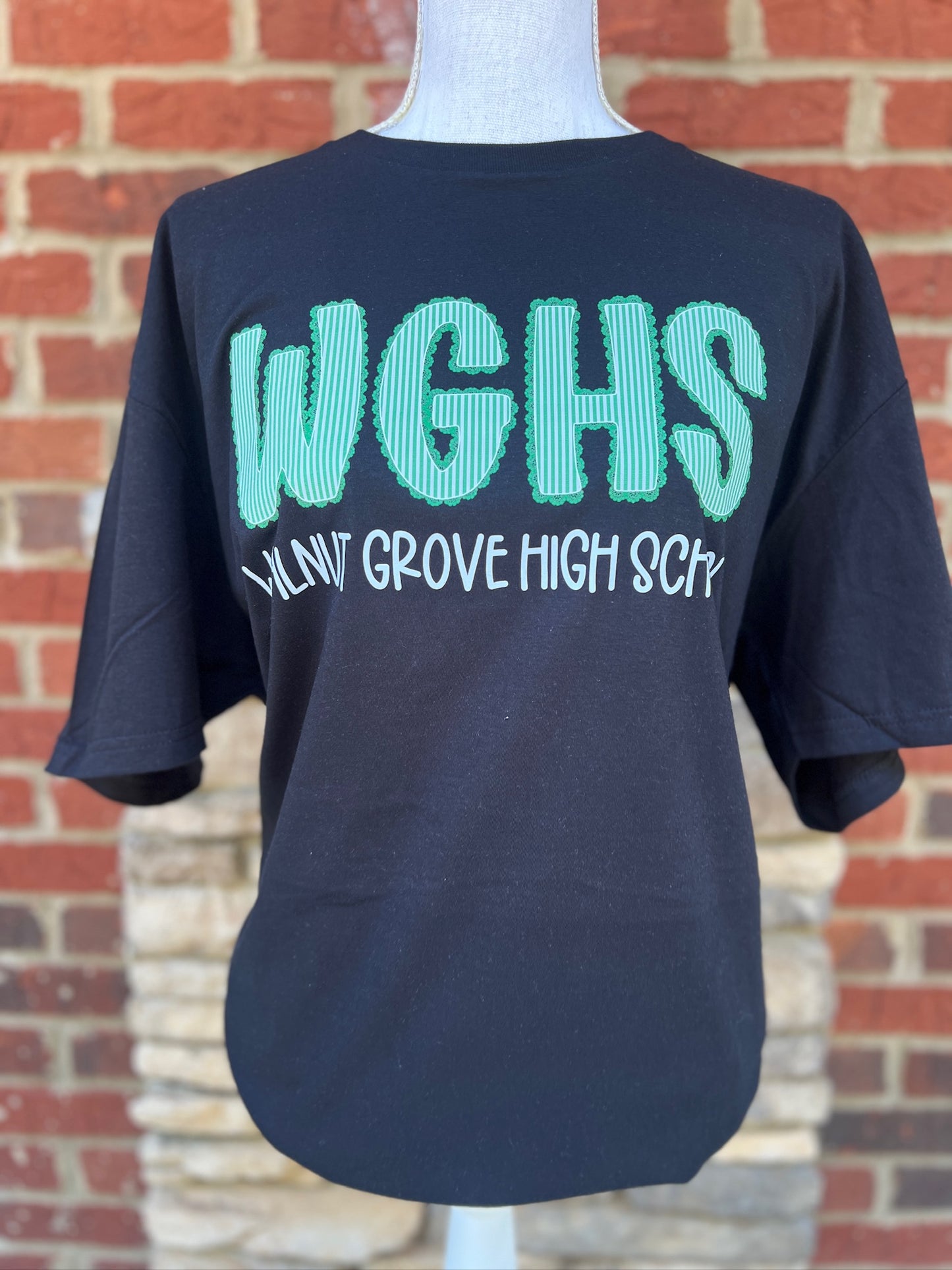 Walnut Grove High Seersucker Spirit Tee - Green Seerksucker on Gildan Softstyle Black