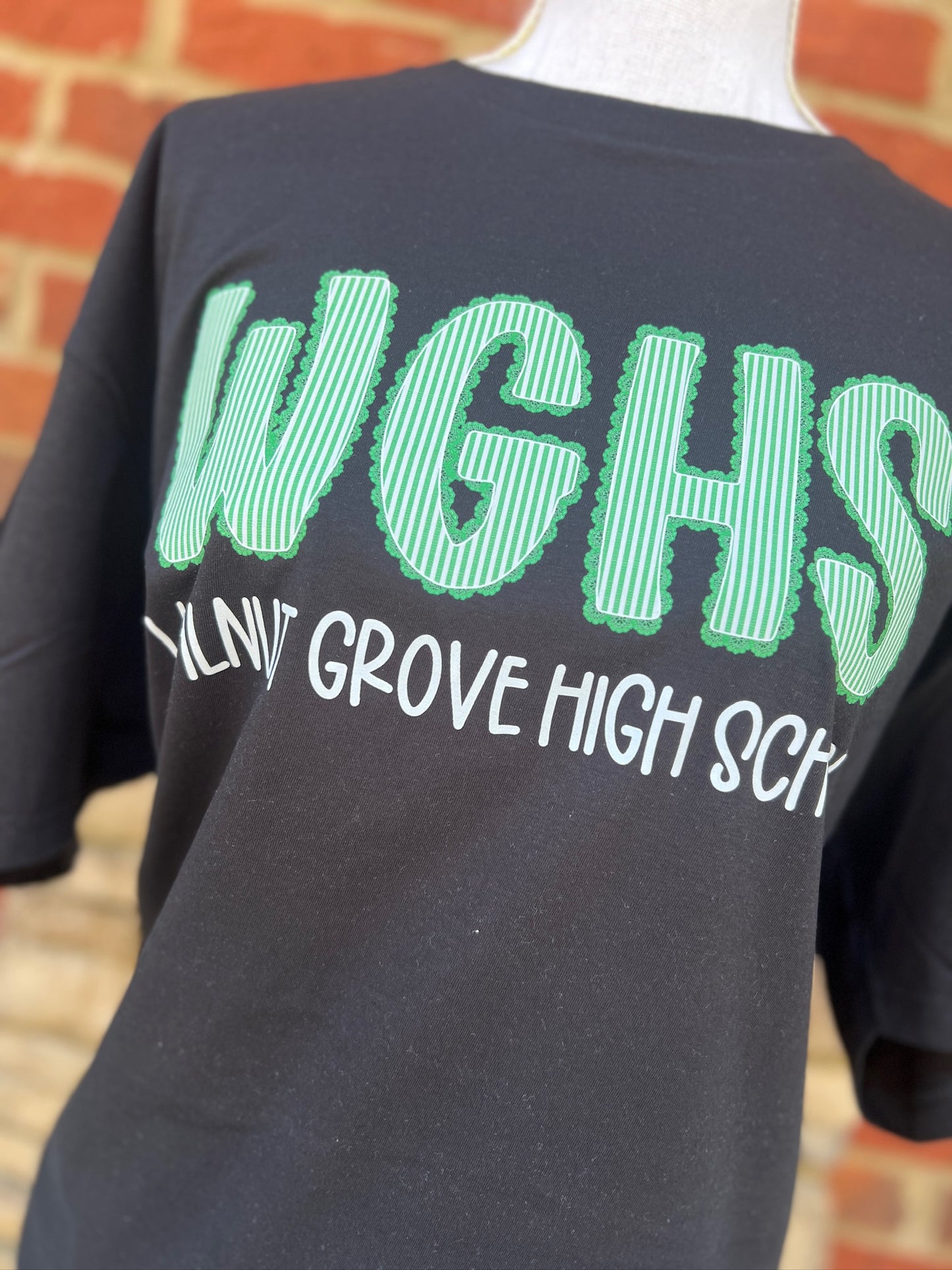 Walnut Grove High Seersucker Spirit Tee - Green Seerksucker on Gildan Softstyle Black