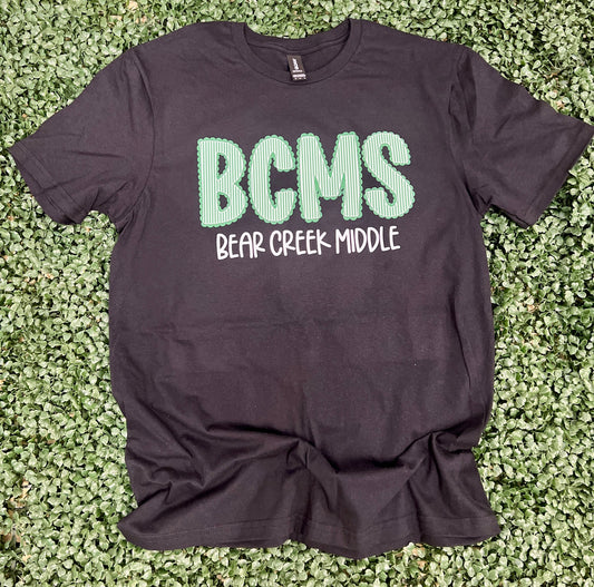 Bear Creek Middle Seersucker Spirit Tee - Green Seerksucker on Gildan Softstyle Black