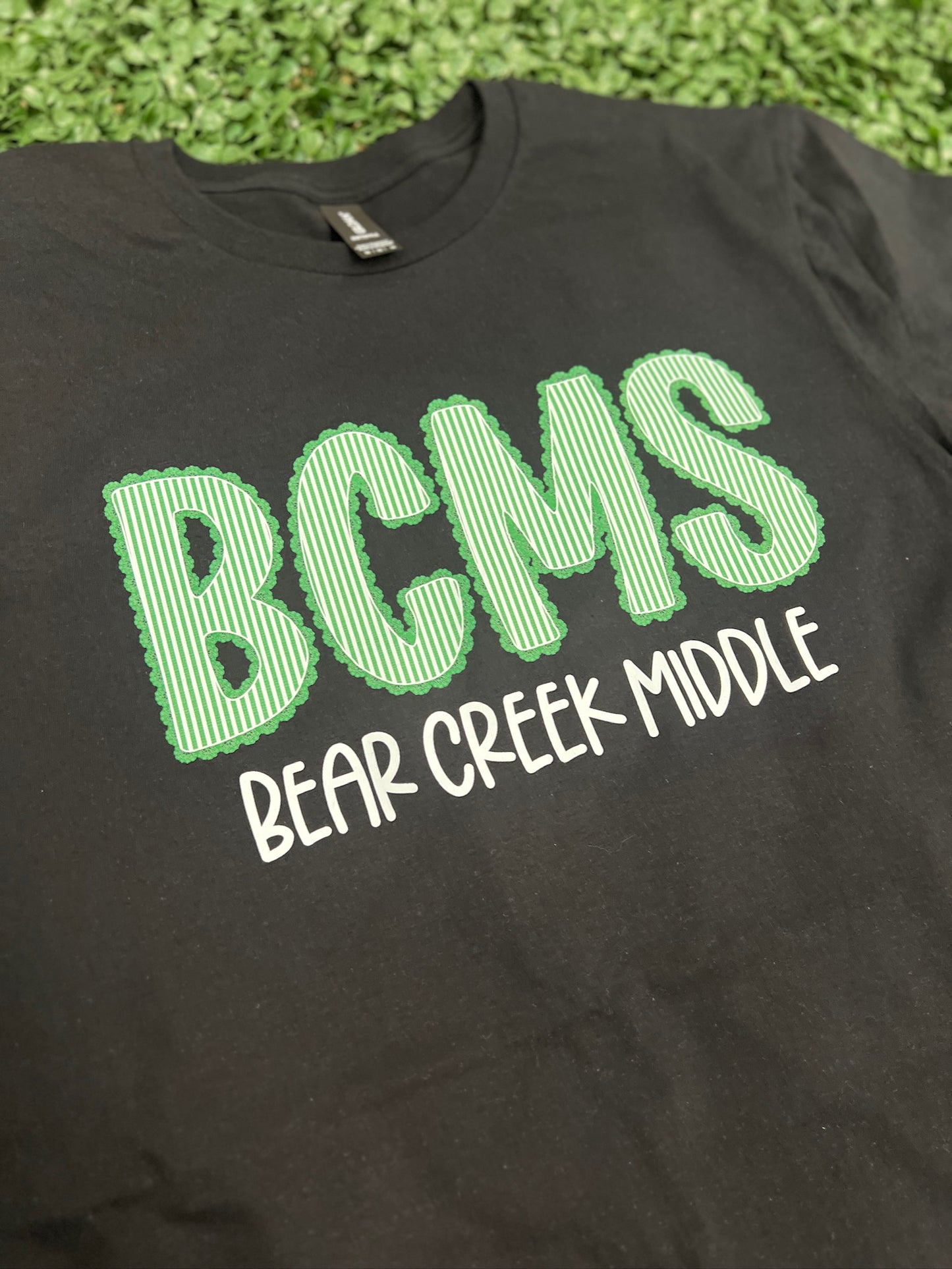 Bear Creek Middle Seersucker Spirit Tee - Green Seerksucker on Gildan Softstyle Black