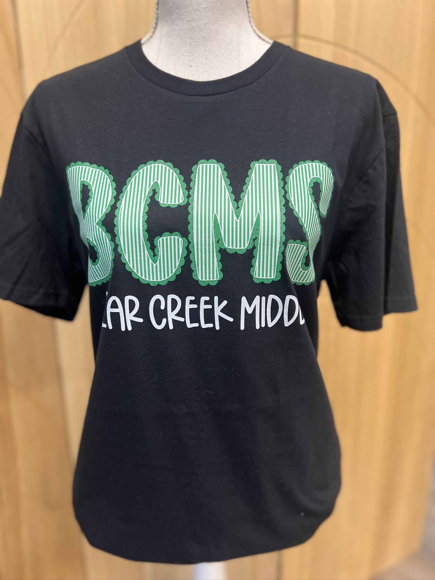Bear Creek Middle Seersucker Spirit Tee - Green Seerksucker on Gildan Softstyle Black