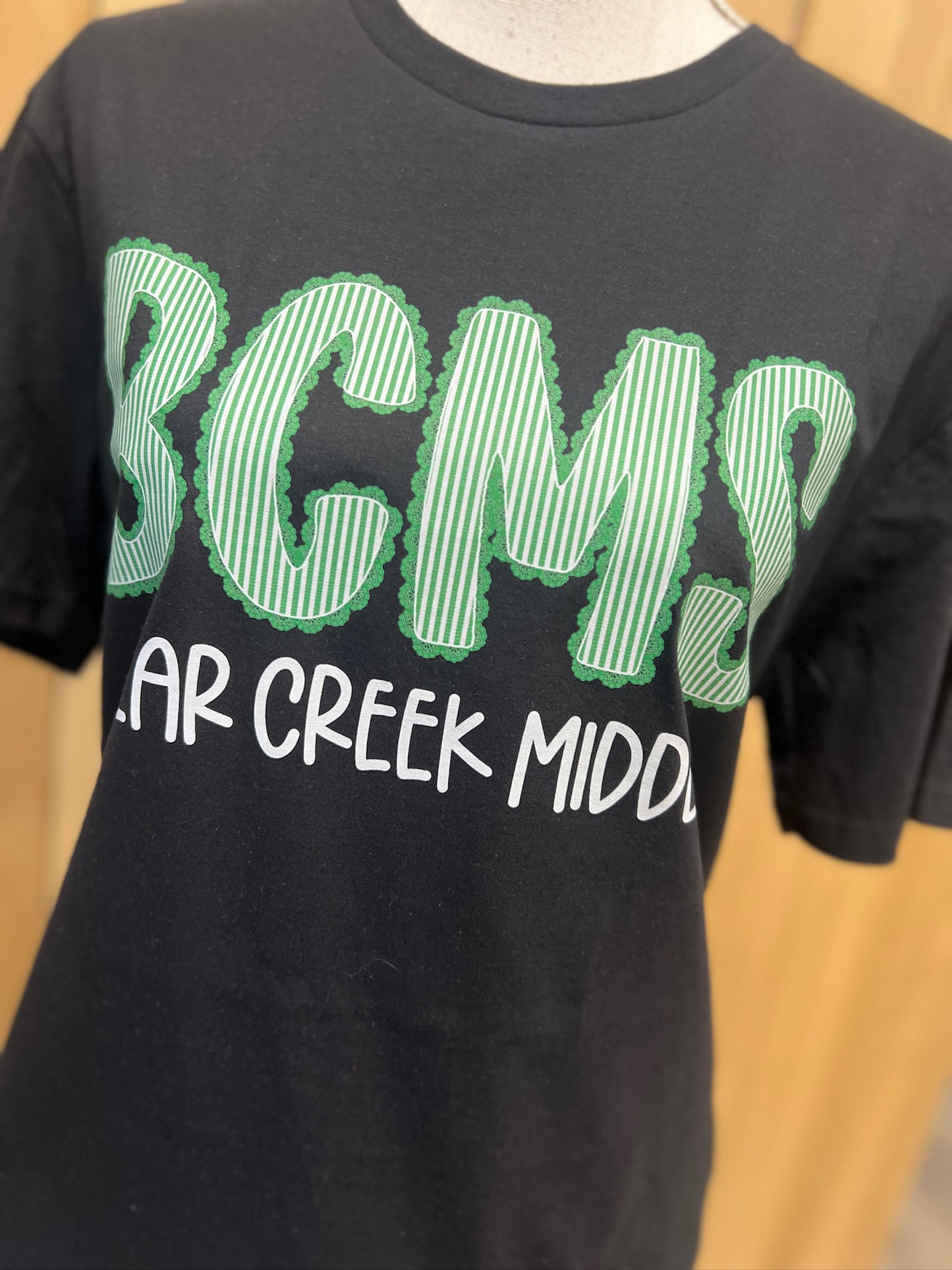 Bear Creek Middle Seersucker Spirit Tee - Green Seerksucker on Gildan Softstyle Black