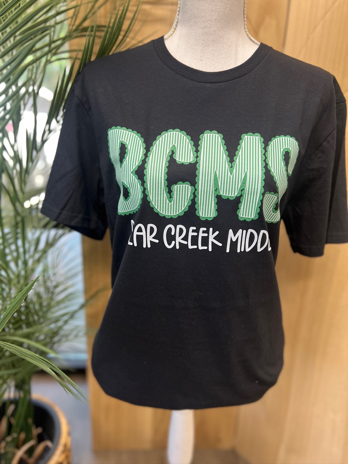 Bear Creek Middle Seersucker Spirit Tee - Green Seerksucker on Gildan Softstyle Black