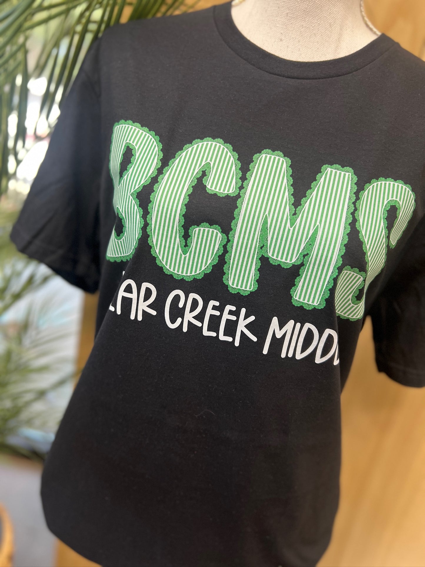 Bear Creek Middle Seersucker Spirit Tee - Green Seerksucker on Gildan Softstyle Black