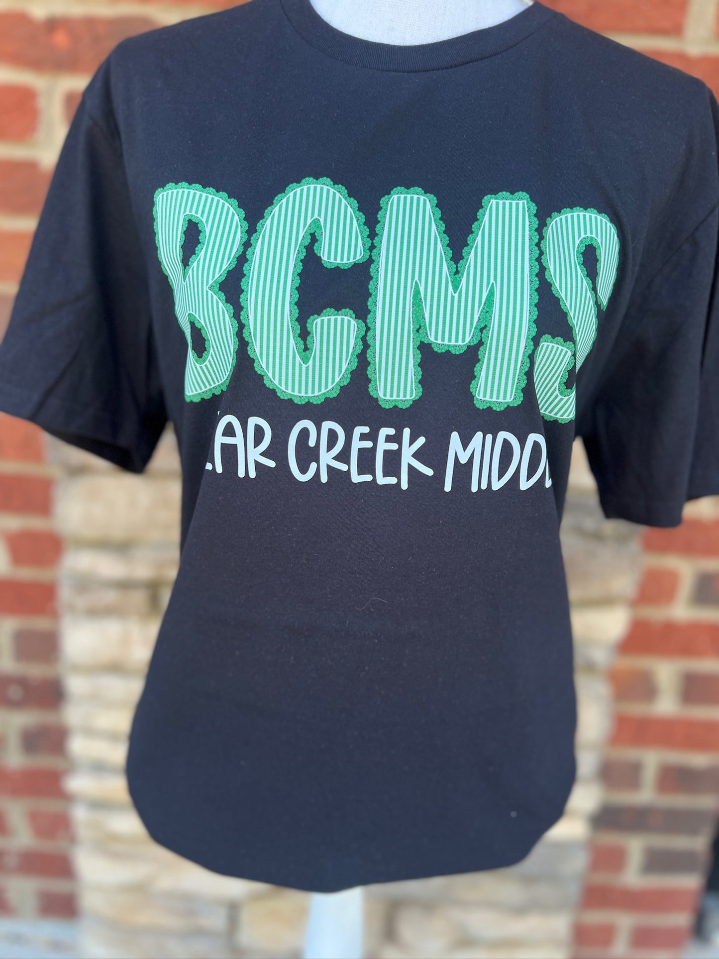 Bear Creek Middle Seersucker Spirit Tee - Green Seerksucker on Gildan Softstyle Black
