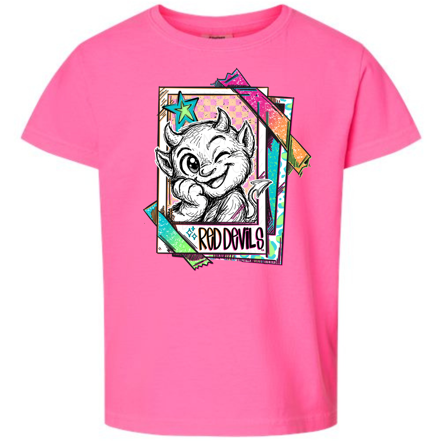 Cutie Mascot Red Devils on Comfort Colors (Shown on Neon Pink)